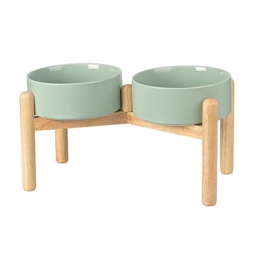 SPUNKYJUNKY Ceramics Elevated Dog Bowls with Wooden Stand Raised Bowl for Medium Large Dog Food and Water Pet Feeding Bowl(Double 60OZ Bowls,Light Green) - color: Light Green (Double Bowls Set), size: Large - 7.6 CUPS