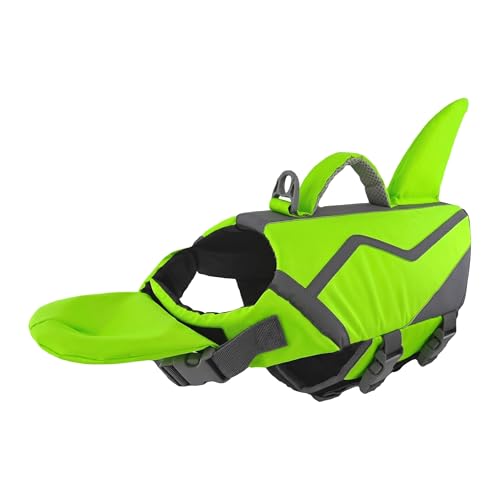 Shark Dog Life Jacket with Removable Neck Float, High Buoyancy Adjustable Pet Swim Vest with Rescue Handle for Swimming & Boating, for Small Medium Large Dogs, M, Bright Green - color: Bright Green, size: Medium