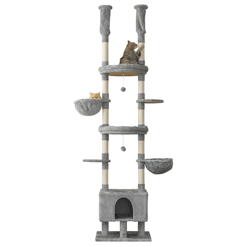 Cat Tree, Floor to Ceiling Cat Tower Adjustable Height [92.9-102.4 in=235-258cm], 7 Tiers Cat Climbing Play House with Scratching Post, Cozy Condo&Hammocks for Indoor Cats, Light Grey - color: Light Grey