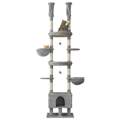 Cat Tree, Floor to Ceiling Cat Tower Adjustable Height [92.9-102.4 in=235-258cm], 7 Tiers Cat Climbing Play House with Scratching Post, Cozy Condo&Hammocks for Indoor Cats, Light Grey - color: Light Grey