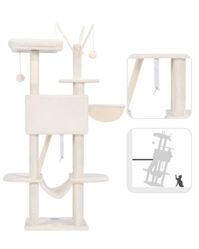 Hey-brother Cat Tree, 53 inch Cat Tower for Indoor Cats, Cat House with Padded Platform Bed, Toy Balls, Large Cozy Condo, Hammocks and Sisal Scratching Posts, Beige MPJ019-SM - color: Beige