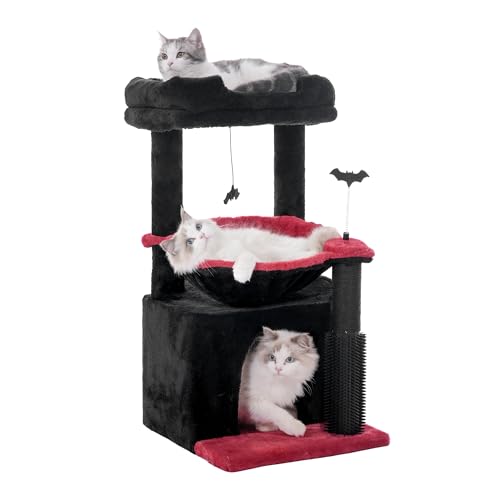 Gothic Cat Tree 32 Inches Small Cat Tree for Large Cats Adult Cat Tower with Scratching Post,15.7”Large Hammock and Self Groomer, and Removable Top Perch and Wide Condo for Indoor Cat-Gothic - color: Gothic, size: Medium-32"