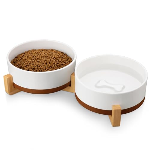 MALACASA Dog Bowls Set with Wooden Stand, 6 Cups Food Water Bowl Set for Medium to Large Size Dogs, Ceramic Pet Bowls with Weighted Non-Slip Base, Basic Bowls for Your Dog,58Oz - color: Vanilla White（2 PCS with Stand）, size: L-6 Cups