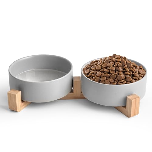 Mowtanco Grey Ceramic Dog & Cat Bowl Set – 13.5 OZ with Wooden Stand, Non-Slip, Elevated Design for Small Dogs & Cats – 2 Bowls (Food & Water, Ceramic Pet Bowls, Modern Dog Bowls) - color: Gray × 2