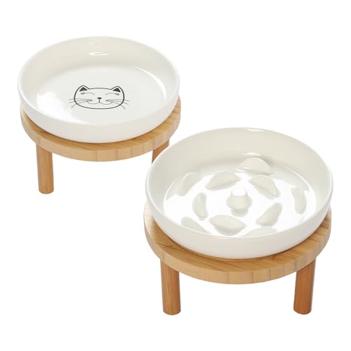 Raised Slow Feeder Cat Bowl, 5.9 Inch Wide Shallow Ceramic Elevated Glass Food Bowl Puzzle Feeders, Anti Vomit Cat Dish, Whisker Friendly Pet Plates Feeding Station for Indoor Cats, Kitten(2 Set) - size: 1 Slow Feeder & 1 Cat Plate