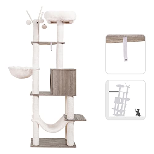 Hey-brother Wooden Cat Tree, 66.1“ Cat Furniture with Scratching Posts, Modern Cat Tower with hammocks, Toys, cat condo, Rustic Gray MPJ120SG - color: Rustic Gray