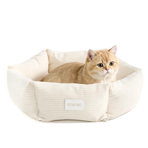Cat Bed, 22 Inch Washable Corduroy Cat and Small Dog Bed with Removable Cover & Anti-Slip Bottom, Calming Comfort Pet Bed for Pets up to 15 lbs (Cream White) - color: Cream White, size: 22x22x6 inches