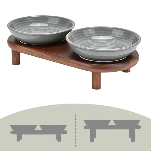 SPUNKYJUNKY Shallow Elevated Cat Bowl with Acacia Wood Stand Wide Raised Ceramic Cat Dishes Whisker Friendly Pet Food and Water Plates (Striped Pattern, Gray) - color: Gray