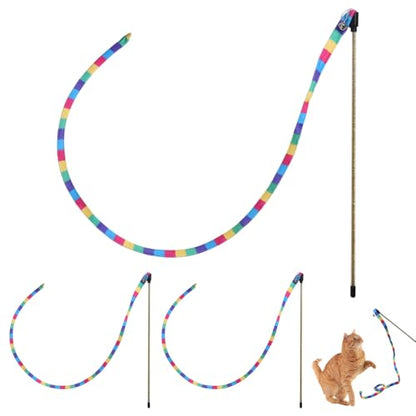 MiOYOOW Cat Wand Toy, 3PCS Rainbow Cat Teaser Stick with Bells Interactive Cats Toys for Indoor Cats Kittens Exercise Play