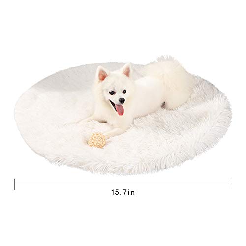 16 Inch Plush Dog Bed Mat Warm Fluffy Round Puppy Crate Pad with Anti-Slip Waterproof Bottom Soft Comfy Pet Kennel Mat for Small and Medium Dogs Sleeping(White) - color: White, size: 16 Inch