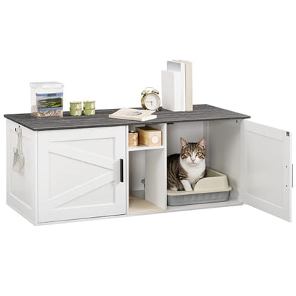 HOOBRO Double Litter Box Enclosure, Modern Cat Litter Box Furniture with Storage and Mat Design, Farmhouse Hidden Litter Box Enclosure with 2 Hooks, White and Charcoal Gray BW23MW01 - color: White + Charcoal Gray