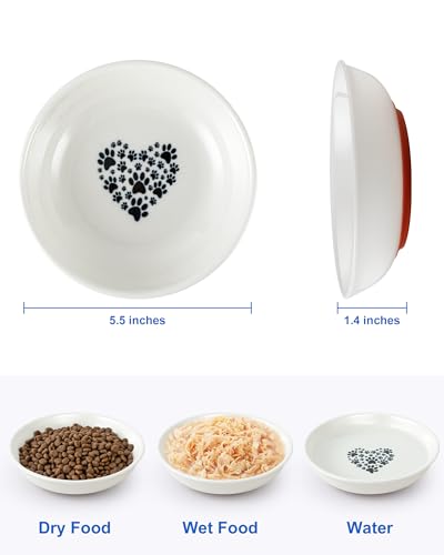 Ceramic Cat Bowl Whisker Friendly – 3 Pack Shallow Wide Cat Food Bowls, 5.5″ Non‑Slip Cats Dishes Silicone Base, Dishwasher & Microwave Safe, Indoor Cats Food & Water Bowl – Cute Heart Paw Design - color: 3 Packs