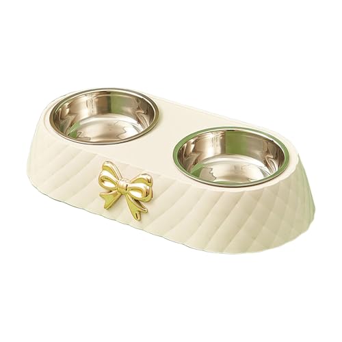 Functional Double Dog Cats Bowls, Removable Dog Bowl Set, Cute Stainless Steel Bowl with Non-Spill Plastic Mat for Rabbit Puppy Cats Small Medium Dogs Water ＆ Food (White) - color: White