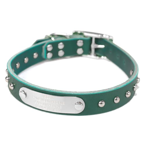 Handmade Studded Bridle Leather Dog Collar, Silver Tone Hardware and Stainless Steel Nameplate (Teal Green) - color: Teal Green