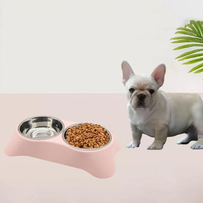 Double Dog Bowl, Stainless Steel Double Bowl, Anti-Slip, Anti-Spill and Removable(Pink-Medium)