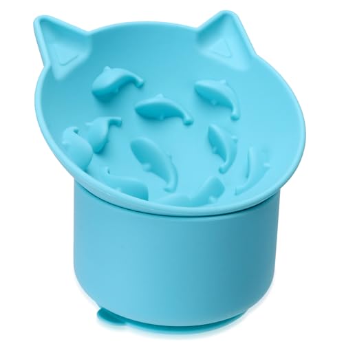 Silicone Cat Slow Feeder, Elevated Slow Feeder Bowl Tilt Design, Suitable for Dry and Wet Food, Adjustable Angle, Cat Food Puzzle with Suction Cup(Blue) - color: Blue