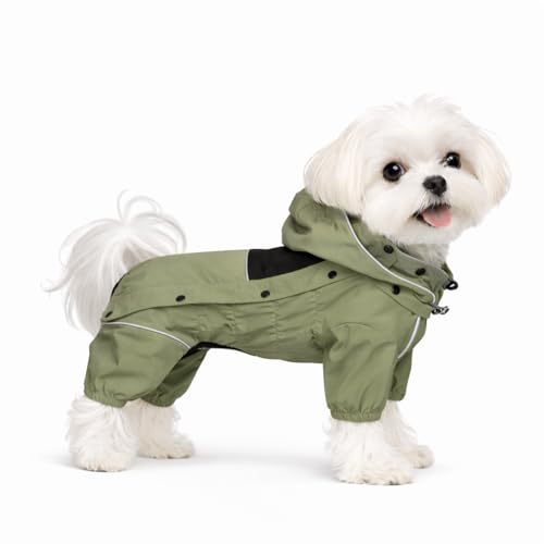 LOVELONGLONG Waterproof Dog Raincoat with Removable Hood – Outdoor Full Body Dog Jacket, Windproof Snowproof Shell Suit – All Season Pet Rain Gear Sage Green XXS - color: Sage Green, size: XXS (Back 9")