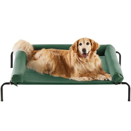 RRPETHOME Large Elevated Cooling Dog Bed, Raised Dog Cot Beds for Large Dogs, Elevated Outdoor Pet Cot, Chew Proof Portable Cooling Pet Cot with Skid-Resistant Feet and Breathable Mesh - color: Green, size: 43.0"L x 31.0"W x 8.0"Th