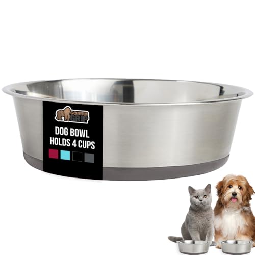GORILLA GRIP Dog Bowl, Holds 4 Cups (32 fl oz), Food Grade 304 Stainless Steel Food and Water Bowl for Feeding Dogs and Cats, BPA Free Rubber Base, Easy Clean, Dishwasher Safe, Rust Resistant, Black - color: Black, size: 4 Cup (32 Oz)