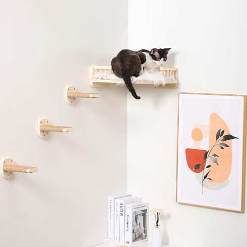 Cat Wall Shelves with 3 Steps Scratch Post, Climbing Shelf and Hammock for Indoor Cats (Wood)