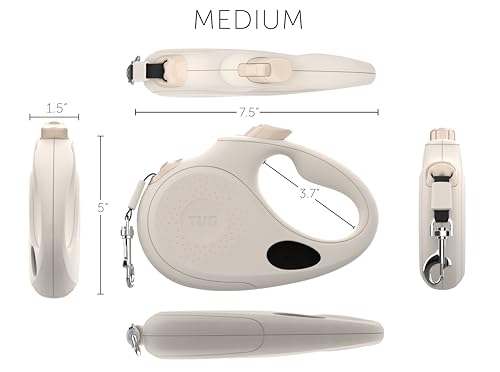 TUG Oval 360° Tangle-Free Retractable Dog Leash with Integrated Waste Bag Dispenser (Medium, Cream) - color: Cream, size: Medium