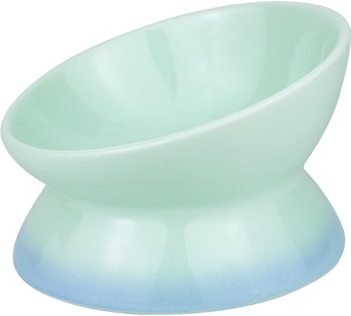 Cute Ceramic Tilted Food Bowls for Indoor Cats Cat Bowl Elevated Cat Bowls Whisker Friendly 6.1 Inch Wide 15° Raised Kitten Supplies Dishwasher and Microwave Safe Blue Cats Water Bowl - color: Blue Ceramic Elevated Cat Bowl