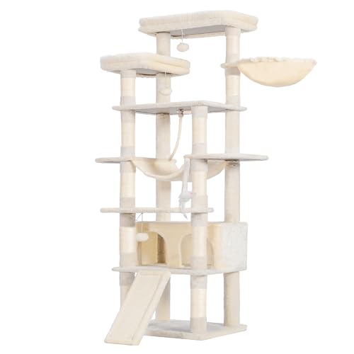 Heybly Tall Cat Tree, 78-inch Multi-Level Cat Tower for Indoor Cats, 2 Widened Plush Perches Cat Condo with Scratching Board and Big Caves, Beige HCT033M - color: Beige, size: 79 inch
