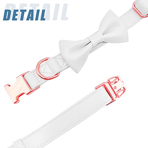 Soft Leather Bowtie Dog Collar - Adjustable Cute Bow Tie Collar [Easy to Clean] with Stylish Rose Gold Heavy Duty Metal Buckle for Small Medium Large Dogs White M - color: White, size: M(13.8"-19.7")