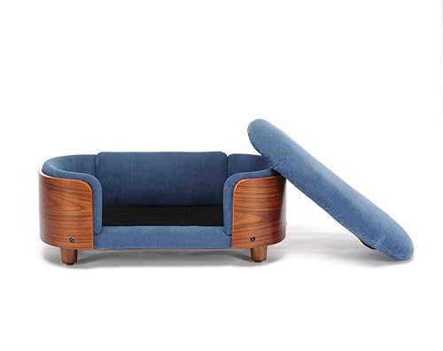 HomSof 26.38" Scandinavian Style Elevated Dog Cat Bed Pet Sofa with Solid Wood Legs and Bent Wood Back with Velvet Cushion,Small Size，Navy+Brown - color: Navy+Brown, size: 26.4"L x 16.1"W x 9.8"Th