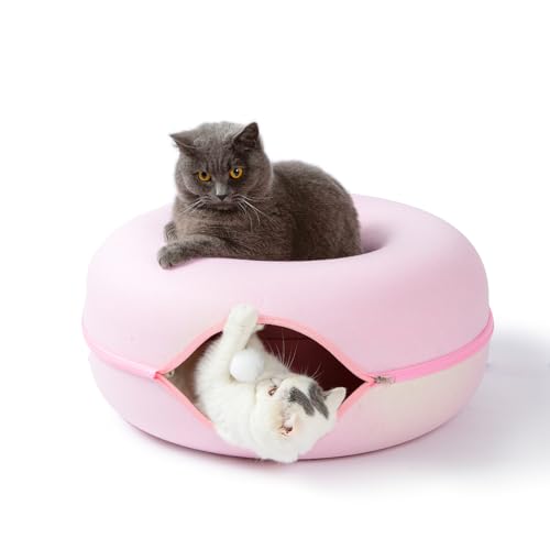 Peekaboo Cat Tunnel for Large Cats up to 30 lbs, Features A Jingle Ball, Removable and Washable Tunnel Bed, and a Cozy Donut Tunnel (Pink, 24 Inches) - color: Pink