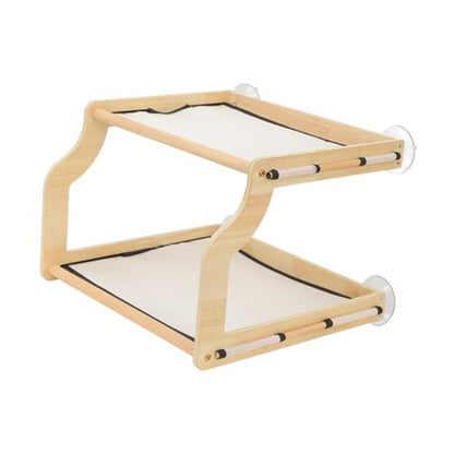 Cat Window Perch with Wooden Frame Breathable Practical Double Layered Strong Suction Cups Pet Bunk Bed for Balcony Household