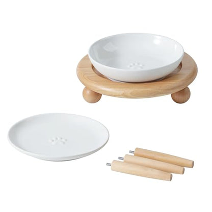 Havniva Cat Bowls Elevated 5.6” Ceramic Cat Bowl with Stand Whisker Friendly Cat Dishes, Cat Food & Water Bowl Set with Two Heights Options, Raised Cat Food Plates for Kitten Anti-Slip Pet Bowls - color: 1 Bowl+1 Shallow Dish+Stand- White