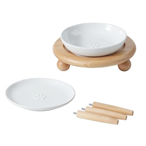 Havniva Cat Bowls Elevated 5.6” Ceramic Cat Bowl with Stand Whisker Friendly Cat Dishes, Cat Food & Water Bowl Set with Two Heights Options, Raised Cat Food Plates for Kitten Anti-Slip Pet Bowls - color: 1 Bowl+1 Shallow Dish+Stand- White