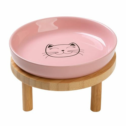 Lusifaco Shallow Elevated Cat Bowls,5.9 Inch Wide Raised Ceramic Cat Dishes with Bamboo Stand, Whisker Friendly Pet Water or Food Plates Feeding Station for Indoor Cats, Kitten(Pink,Set of 1) - color: Pink