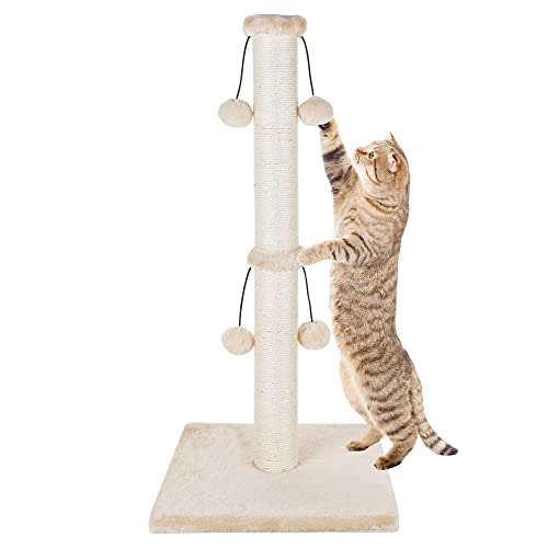 Dimaka 29'' Cat Scratching Post, Natural Sisal Rope Scratch Post with 4 Teasing Toy Balls for Large Cats (Beige) - color: Beige