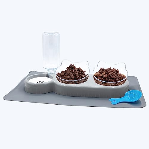 Triple Cat Bowls with Water Dispenser, Pet Whisker Friendly Water and Food Bowl Set with Non-Slip Mat, 15° Tilted Double Feeding Bowls, Elevated Wet and Dry Food Dish for Kitten&Small Dog (Grey) - color: Grey