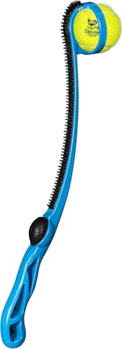 Spunky Pup Squeak & Throw Ball Launcher for Dogs Tennis Ball (Included) Dog Fetch Toy w/ Built-In Training Squeaker Send Balls Flying Up to 100 Ft Massage Grooming Reward Bristles - style: Fetch Ball