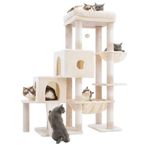 Hey-brother Cat Tree Tower, Scratching Posts with Big Platform, 2 Condos, Spacious Hammock, Cozy Basket, Sisal Board for Indoor Large Adults, 50 Inches Progressive Climbing House, Beige MPJ071M - color: Beige, size: 50 inches