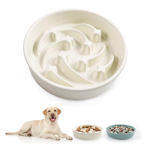 Ceramic Slow Feeder Dog Bowls, 1.5 Cups Dog Food Dish for Medium and Large Breed, Puzzle Dog Food Bowl for Fast Eater, 28OZ, 8.15 inch(Beige) - color: Beige-L