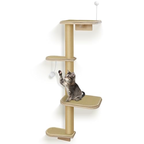 Cat Wall Shelves & Climber for Kittens – 4-Level Wall Mounted Cat Tree with Natural Sisal Pads, Adjustable Tower for Indoor Cats Up to 30lbs, Cat Wall Furniture System - color: Sisal, size: 49 inches