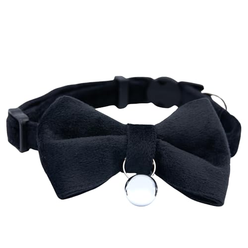 Velvet Bowtie Cat Collar with Bell – Adjustable Breakaway Black Cat Collar for Adult Cats (7–11 in) - color: Black
