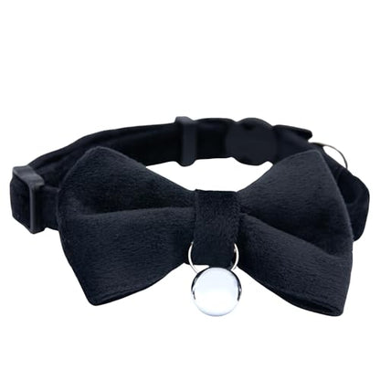 Velvet Bowtie Cat Collar with Bell – Adjustable Breakaway Black Cat Collar for Adult Cats (7–11 in) - color: Black