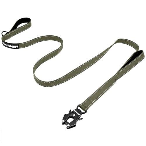 Strong Heavy Duty Dog Leash - 5ft Reflective Nylon Training Leash with Soft Padded Double Handle & Auto Lock Frog Clip - Safety Traffic Control for Large Medium Small Dogs No Pull Walk Army Green,5ft - color: Army Green, size: 5FT x 1" x 2.8MM