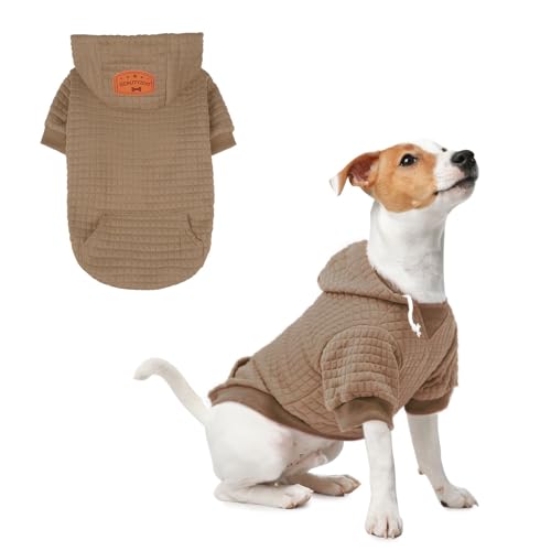 BEAUTYZOO Small Dog Hoodie Sweater with Pockets, Dog Clothes for Small Medium Dogs Boy Girl, Waffle-Like Laminated Cotton Pet Coats with Hat and Leash Hole, Khaki S - color: Khaki, size: S (Back: 12",Chest: 16", Neck: 10")