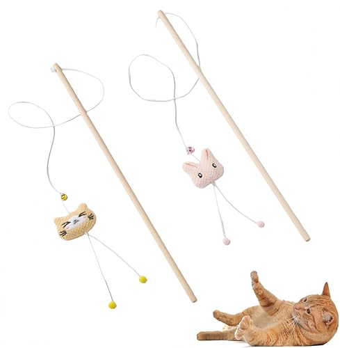 NOWFRESH Cat Wand Toy Set, 2 PCS Interactive Cat Teaser Wands with Cute Kitty & Rabbit Designs, Equipped with Bells and Streamers to Captivate Your Cat’s Attention - color: kitty and rabbit