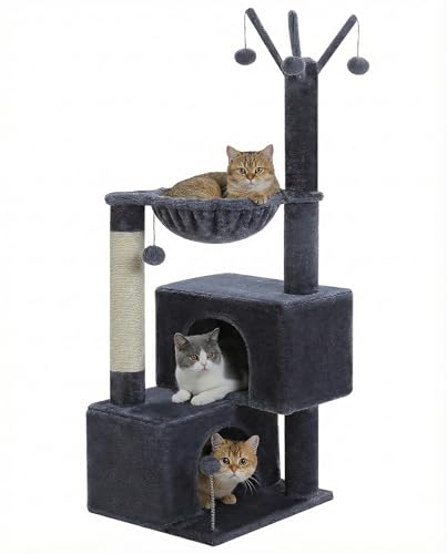 Cat Tree 45" for Indoor Cats, Compact Cat Tower with 2 Condos, Hammock Bed & 5 Hanging Ball Toys, Space-Saving Sturdy Cat Condo Furniture for Kittens & Small-Medium Cats - color: Smoky Gray, size: 45 inches