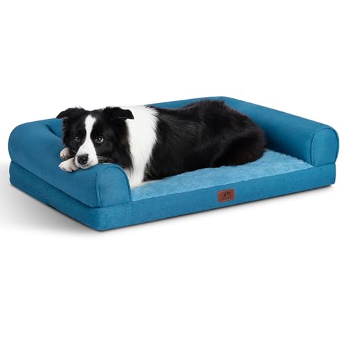 Hollypet Orthopedic Dog Bed for Large Dogs, Supportive Foam Pet Couch with Removable Washable Cover and Non-Slip Bottom, Waterproof Lining Dog Sofa Bed, Blue, L (36 * 26 * 8) - color: blue, size: 36"L x 26"W x 8"Th
