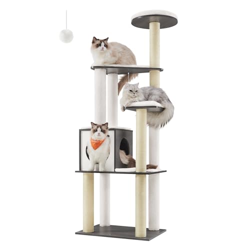 Feandrea Cat Tree, 65-Inch Modern Cat Tower for Indoor Cats, Multi-Level Cat Condo with 5 Scratching Posts, Perch, Washable Removable Cushions, Cat Furniture, Misty Gray UPCT166G03 - color: Misty Gray