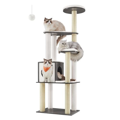 Feandrea Cat Tree, 65-Inch Modern Cat Tower for Indoor Cats, Multi-Level Cat Condo with 5 Scratching Posts, Perch, Washable Removable Cushions, Cat Furniture, Misty Gray UPCT166G03 - color: Misty Gray