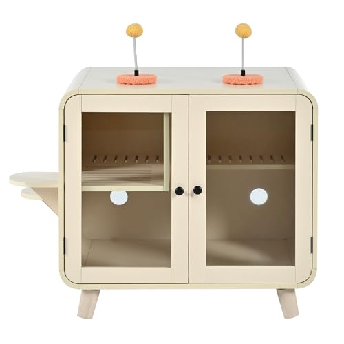 Merax Cat Hidden Litter Box Enclosure with RGB LED Light – Retro TV-Style Cat House Cabinet with Stairs, Pom-Pom Toys, Litter Leak Walkway & Glass Doors for Living Room,Beige - color: Beige
